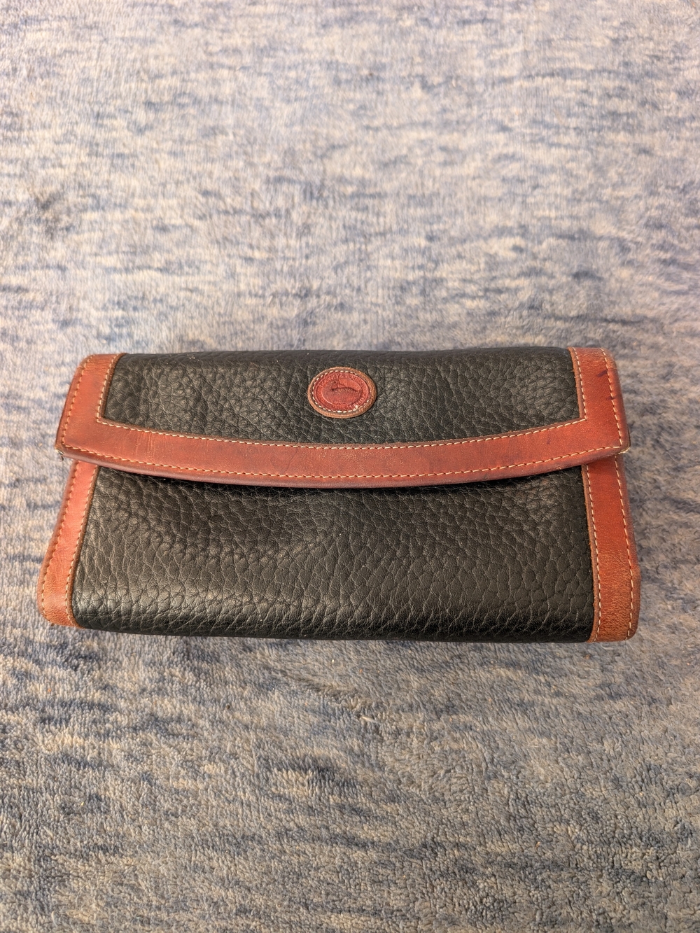 Dooney & Bourke Vintage Black Pebbled Leather Wallet with Brown Trim